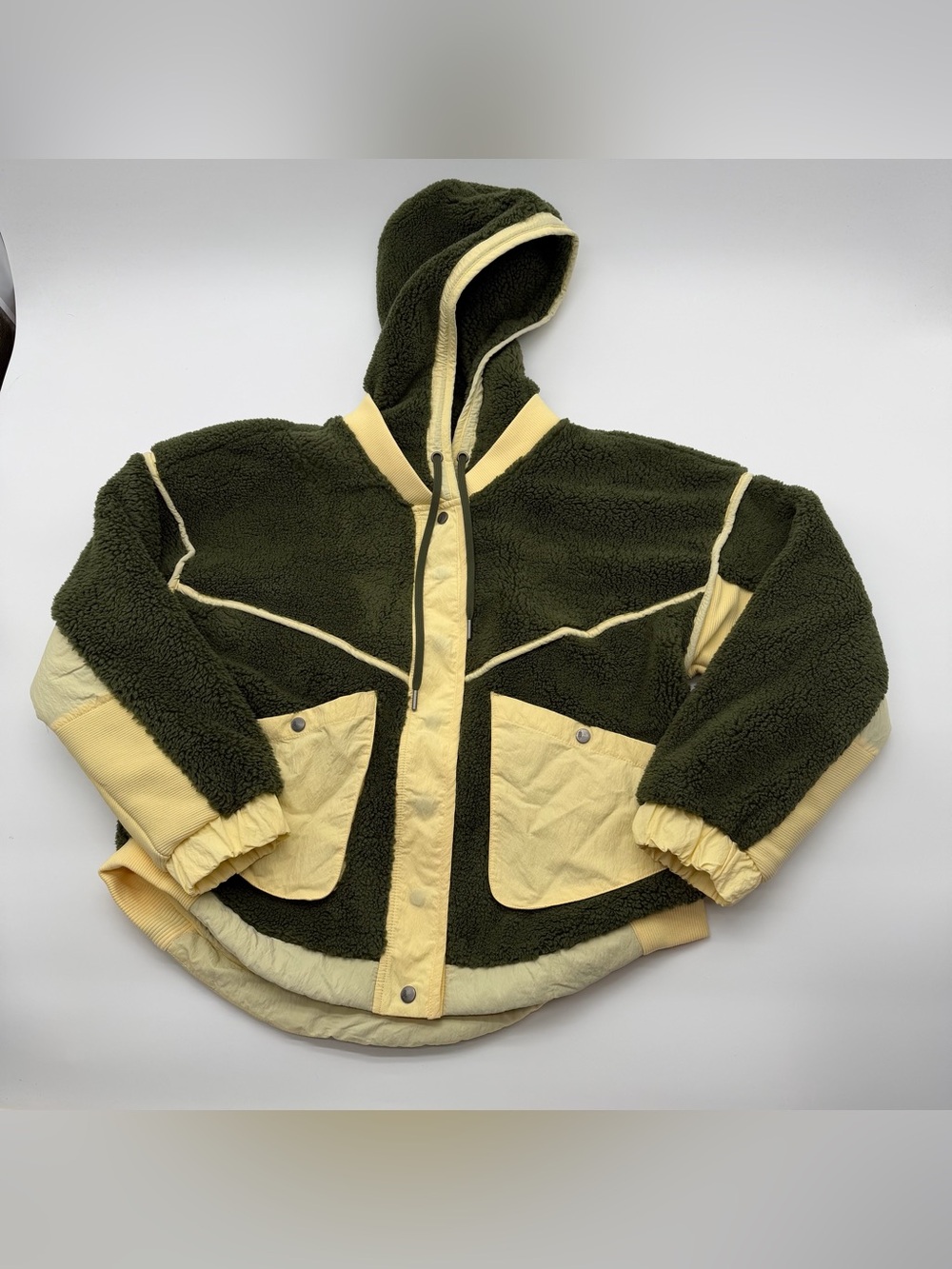 FP Movement by Free People Olive Green and Pale Yellow Hooded Sherpa Puffer